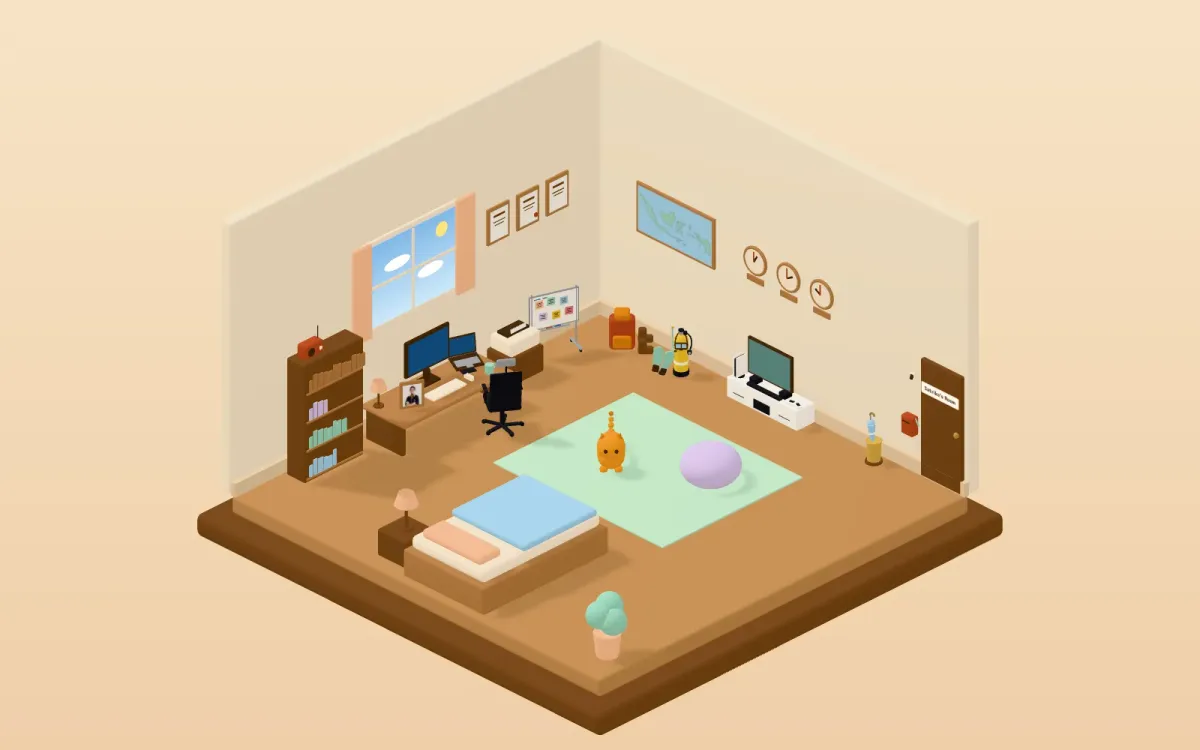 Satriko's Room: a cozy 3D studio room with a desk under the window, a TV and Oyen the cat