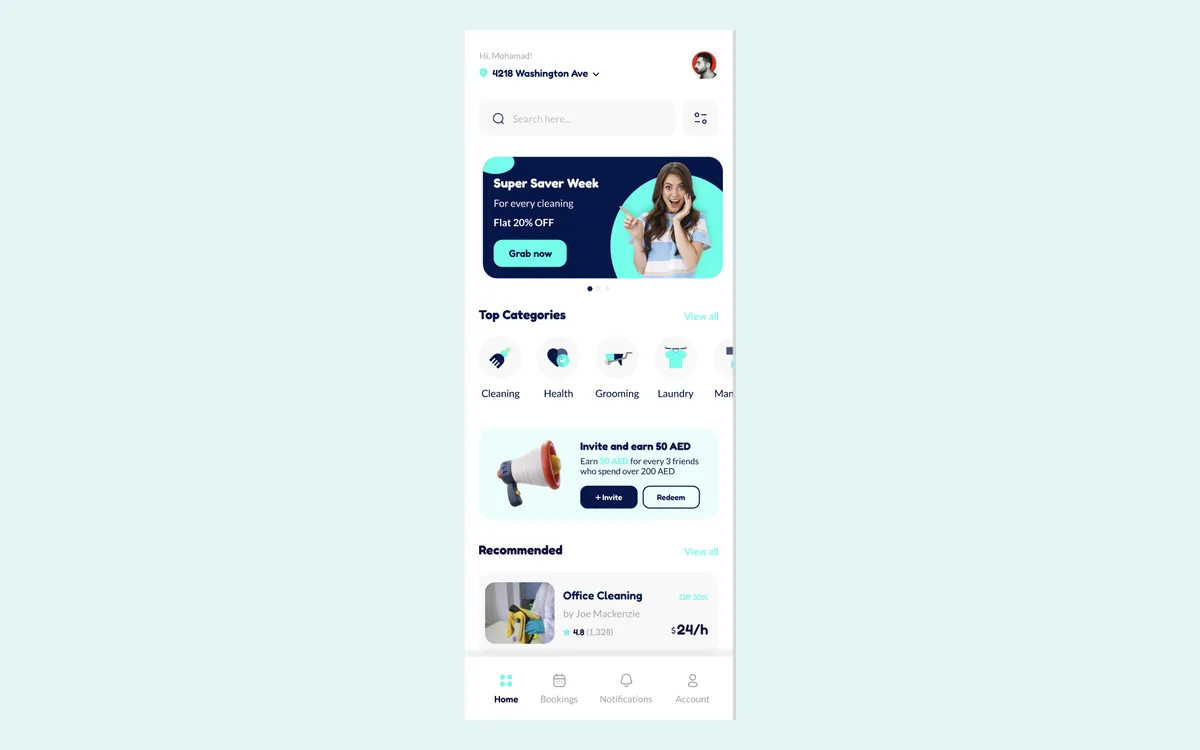 360U home screen: a promotion banner, service categories and recommended home services
